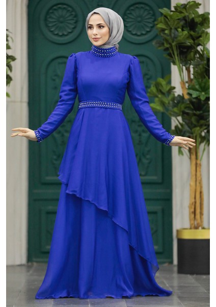 Tesettürlü Abiye Elbise - Inci Detaylı Sax Mavisi Tesettür Abiye Elbise 22223SX fiyatları
