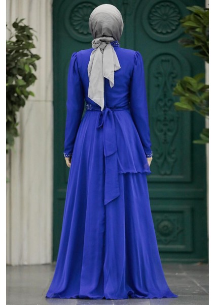 Tesettürlü Abiye Elbise - Inci Detaylı Sax Mavisi Tesettür Abiye Elbise 22223SX modelleri