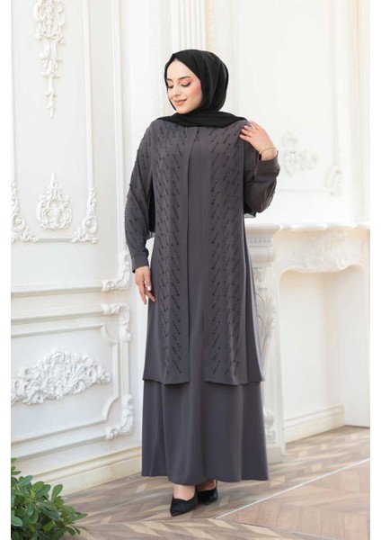 Boncuk Işlemeli Füme Tesettür Abaya 29120FU
