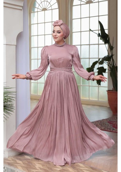 Boncuk Detaylı Gül Kurusu Tesettür Abiye Elbise 52751GK