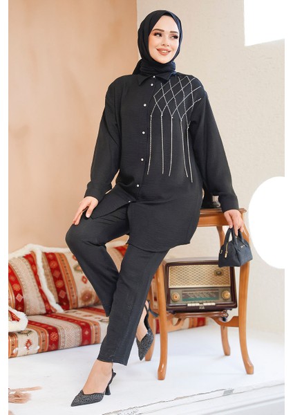 Boncuk Detaylı Siyah Tesettür Ikili Takım 28131S