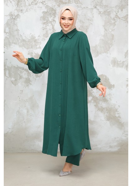 Düğmeli Zümrüt Yeşili Tesettür Ikili Takım 10891ZY modelleri