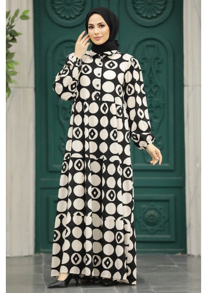 - Desenli Ekru Tesettür Elbise 89741E modelleri