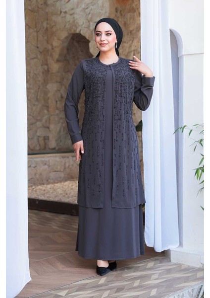 Boncuk Işlemeli Füme Tesettür Abaya 29119FU
