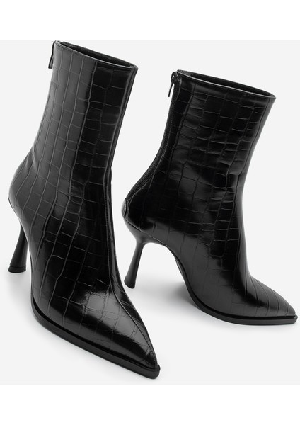 Kadın Topuklu Bot Sivri Burun Kadeh Ökçe Arkadan Fermuarlı Günlük Klasik Bot Monos Siyah Croco
