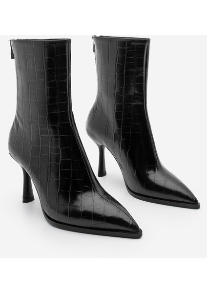Kadın Topuklu Bot Sivri Burun Kadeh Ökçe Arkadan Fermuarlı Günlük Klasik Bot Monos Siyah Croco indirimleri