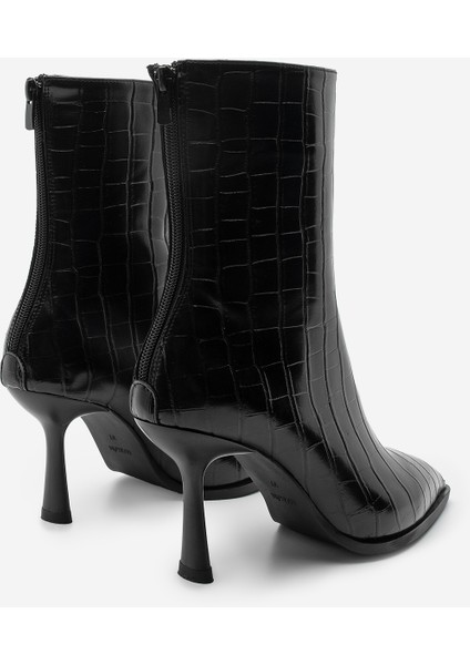 Kadın Topuklu Bot Sivri Burun Kadeh Ökçe Arkadan Fermuarlı Günlük Klasik Bot Monos Siyah Croco