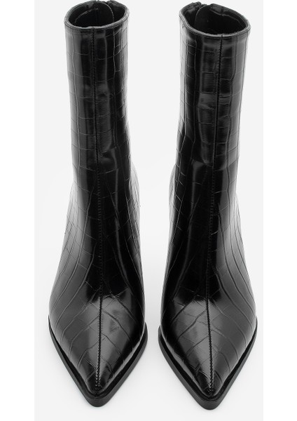 Kadın Topuklu Bot Sivri Burun Kadeh Ökçe Arkadan Fermuarlı Günlük Klasik Bot Monos Siyah Croco