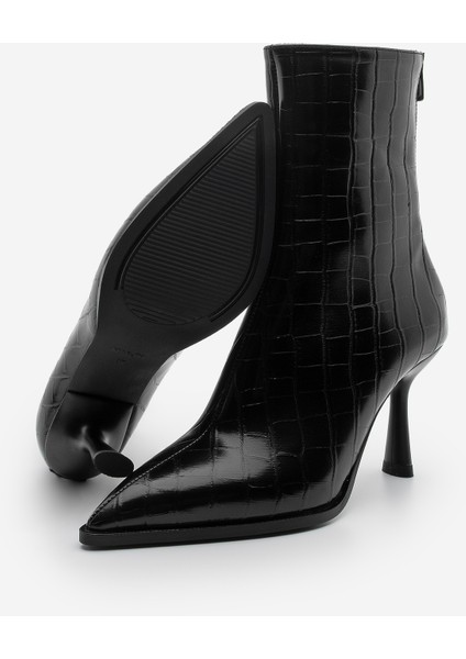 Kadın Topuklu Bot Sivri Burun Kadeh Ökçe Arkadan Fermuarlı Günlük Klasik Bot Monos Siyah Croco