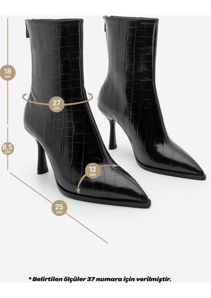 Kadın Topuklu Bot Sivri Burun Kadeh Ökçe Arkadan Fermuarlı Günlük Klasik Bot Monos Siyah Croco