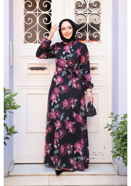 Çiçek Desenli Siyah Tesettür Elbise 27965S