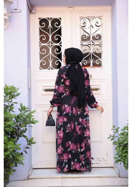 Çiçek Desenli Siyah Tesettür Elbise 27965S fiyatları