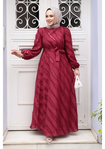 Jakar Detaylı Bordo Tesettür Elbise 23262BR