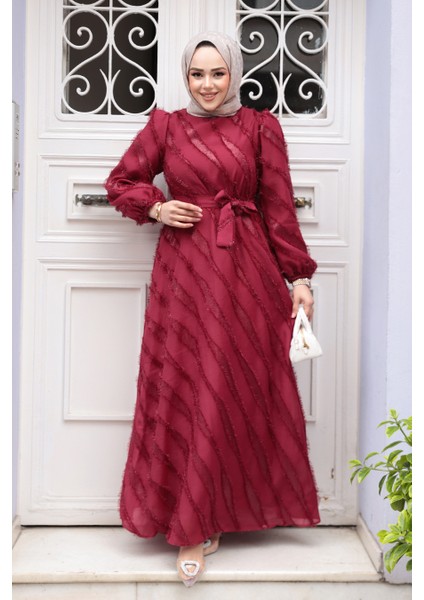 Jakar Detaylı Bordo Tesettür Elbise 23262BR fiyatları