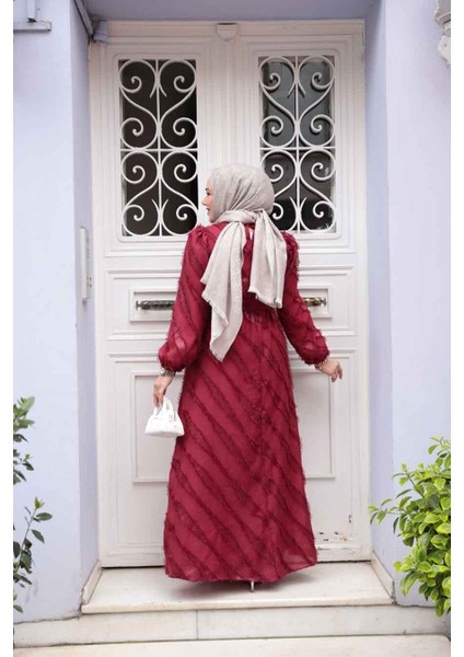 Jakar Detaylı Bordo Tesettür Elbise 23262BR modelleri