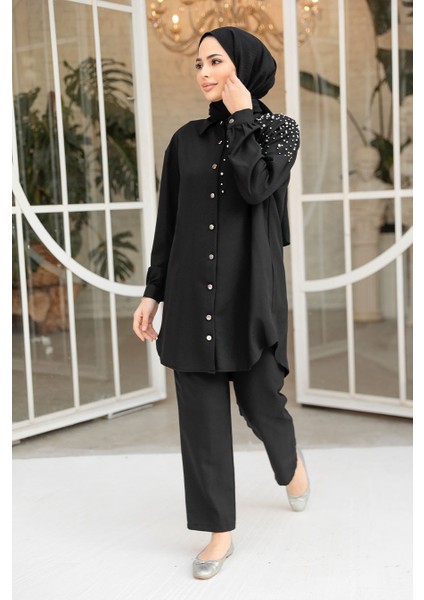 Inci Detaylı Siyah Tesettür Ikili Takım 12461S