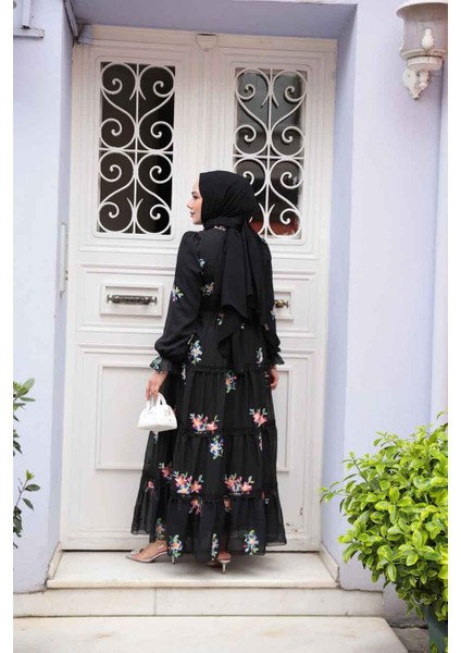 Çiçek Desenli Siyah Tesettür Elbise 32815S modelleri