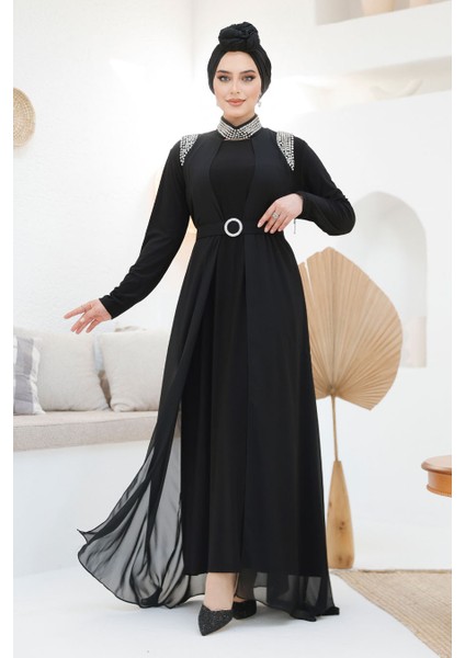 Boncuk Işlemeli Siyah Tesettür Abaya Takım 43201S
