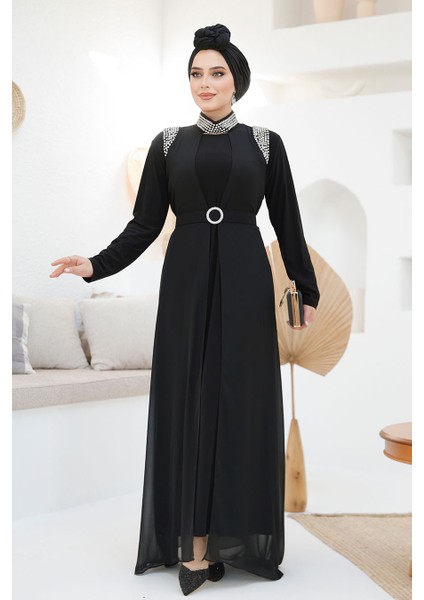 Boncuk Işlemeli Siyah Tesettür Abaya Takım 43201S fiyatları