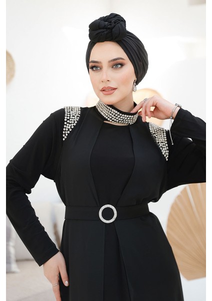 Boncuk Işlemeli Siyah Tesettür Abaya Takım 43201S fırsatları