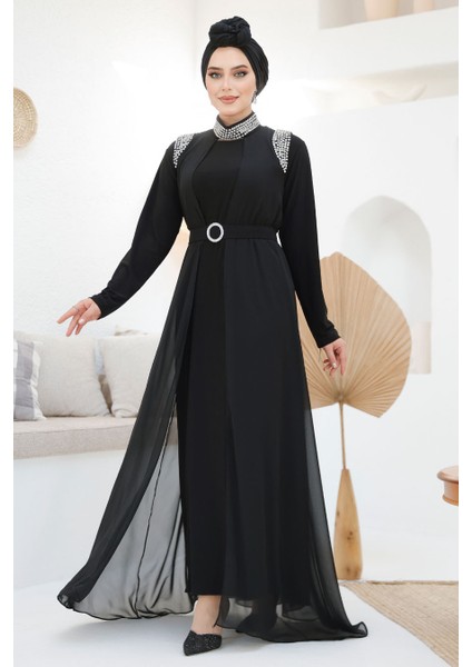 Boncuk Işlemeli Siyah Tesettür Abaya Takım 43201S indirimleri