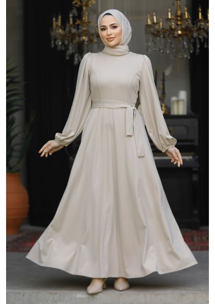 Kemerli Bej Tesettür Elbise 23101BEJ