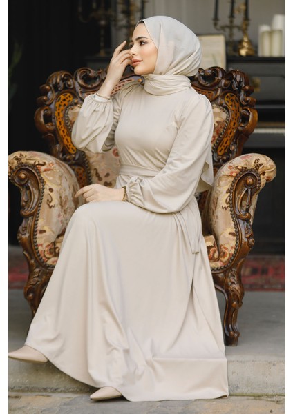 Kemerli Bej Tesettür Elbise 23101BEJ fiyatları