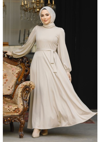 Kemerli Bej Tesettür Elbise 23101BEJ modelleri