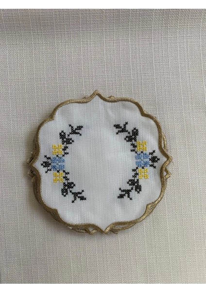 Nivemeshome Kanaviçe Nakışlı Sarı-Mavi Oval (6 Adet) Keten Kokteyl Peçetesi Kahve Yanı Sunumluk modelleri