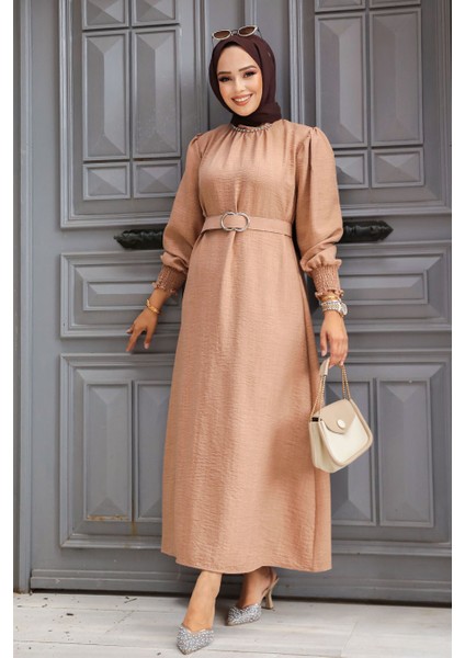 Kemerli Camel Tesettür Elbise 661C