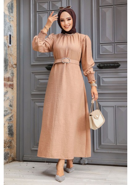 Kemerli Camel Tesettür Elbise 661C fiyatları