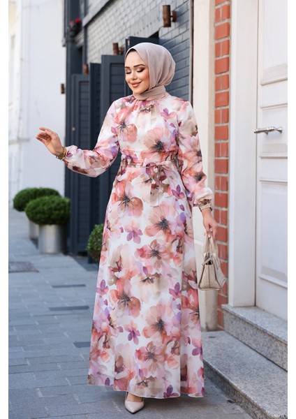 Çiçek Desenli Bej Tesettür Elbise 27996BEJ fiyatları