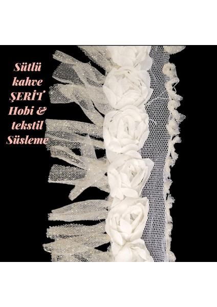 6 cm Genişlik Şerit – Sütlü Kahve Çiçekli Tül ve Simli Dantel, Dekoratif Aksesuar-2 Metre fiyatları