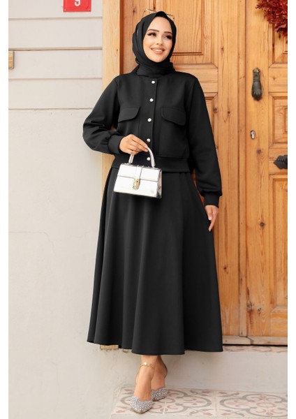 Düğmeli Siyah Tesettür Etekli Ikili Takım 12261S