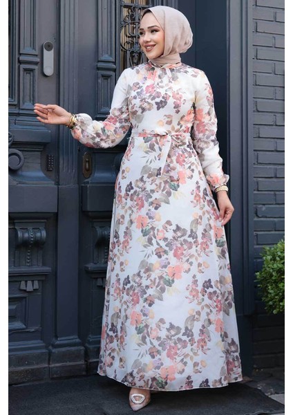 Çiçek Desenli Krem Tesettür Elbise 279902KR