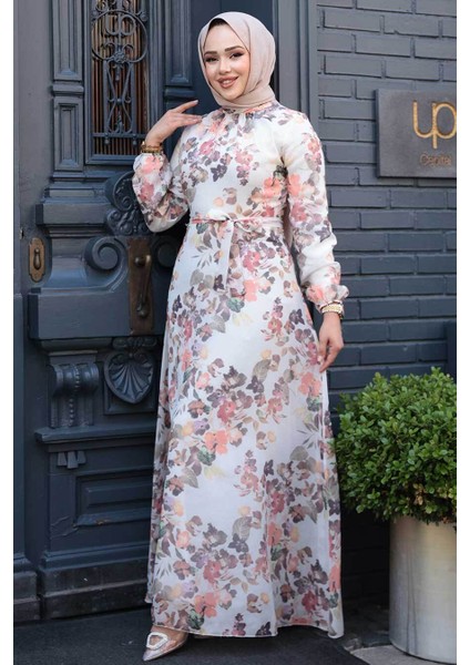 Çiçek Desenli Krem Tesettür Elbise 279902KR modelleri