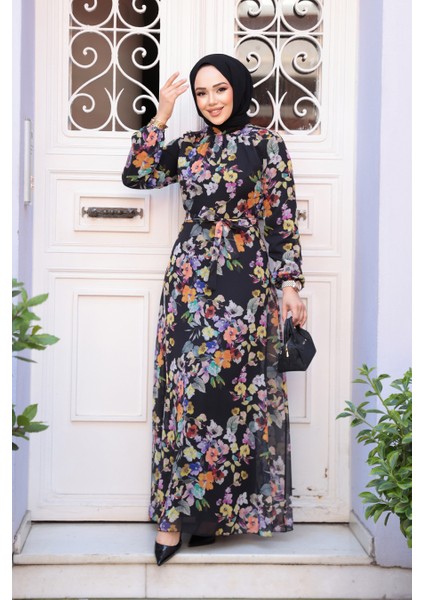 Çiçek Desenli Siyah Tesettür Elbise 279902S