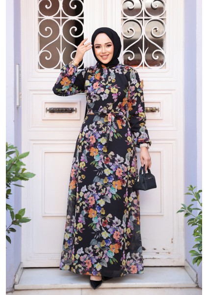 Çiçek Desenli Siyah Tesettür Elbise 279902S fiyatları