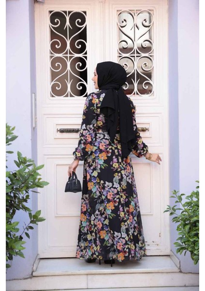 Çiçek Desenli Siyah Tesettür Elbise 279902S modelleri