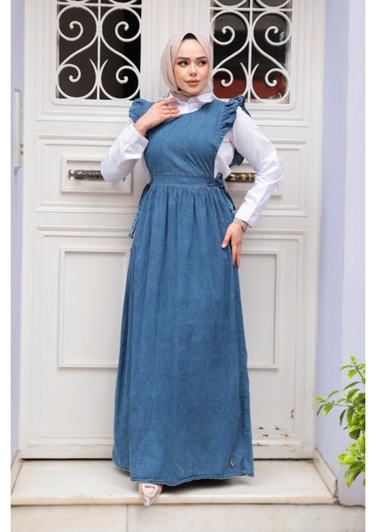 Jile Koyu Mavi Tesettür Kot Elbise 19113KM modelleri
