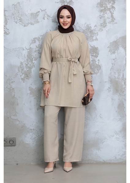Kemerli Bej Tesettür Ikili Takım 44691BEJ