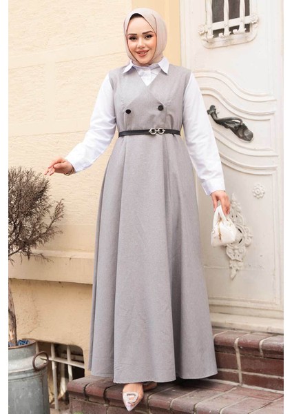 Gri Tesettür Jile Elbise 30284GR