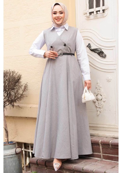 Gri Tesettür Jile Elbise 30284GR modelleri