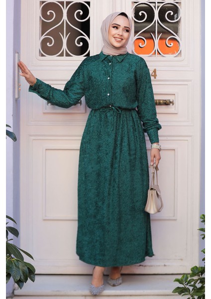 Desenli Yeşil Tesettür Elbise 92691Y