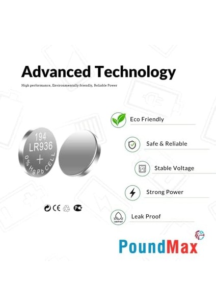 Ag9 (LR45, LR936, 394) 1.5V - Poundmax Alkalin Düğme Piller | 1x 10'lu Paket fiyatları