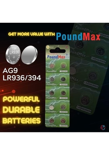 Ag9 (LR45, LR936, 394) 1.5V - Poundmax Alkalin Düğme Piller | 1x 10'lu Paket modelleri