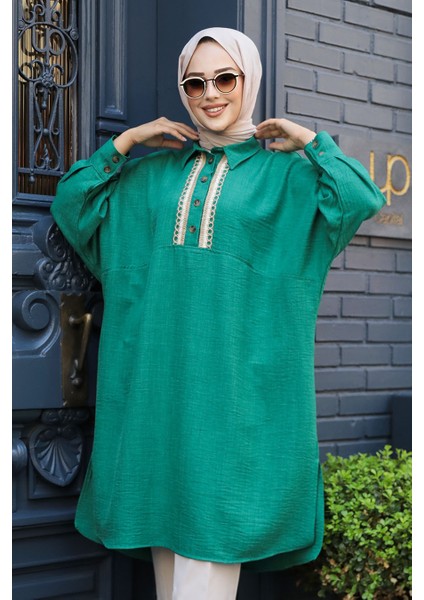 Düğmeli Yeşil Tesettür Tunik 663Y