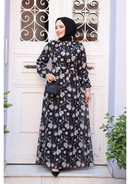 Çiçek Desenli Siyah Tesettür Elbise 279909S