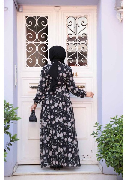 Çiçek Desenli Siyah Tesettür Elbise 279909S modelleri