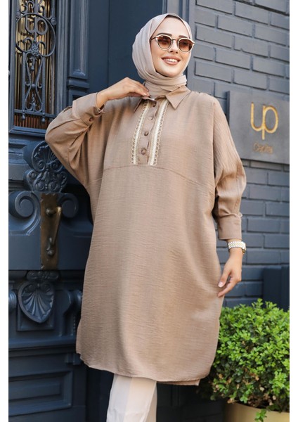 Düğmeli Camel Tesettür Tunik 663C